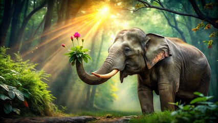 Fototapeta premium Majestic Indian Elephant Holding a Colorful Flower Surrounded by Lush Greenery in a Tranquil Landscape with Ample Copy Space for Text or Branding