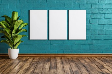 A minimalist interior showcasing three blank canvases against a teal brick wall, complemented by a lush green plant in a white pot. trending mockup design