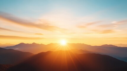 Fototapeta premium Sunrise over mountains nature landscape tranquil environment panoramic view serene concept
