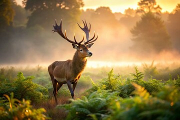 Majestic Morning Stroll: Noble Stag Roaming Through Misty European Wilderness at Dawn with Soft Light and Ethereal Atmosphere