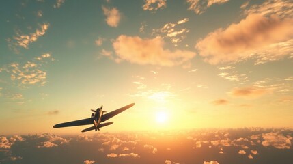 Obraz premium Airplane Soaring Across the Sky at Sunset with Colorful Clouds
