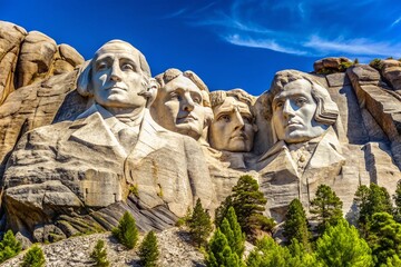 Obraz premium Majestic Mount Rushmore National Monument on a Vibrant Summer Day in South Dakota, Showcasing the Iconic Sculpture Under a Clear Blue Sky with Lush Green Surroundings