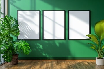 A bright and modern interior featuring three empty black frames on a rich green wall, complemented by lush plants and warm wooden flooring. trending mockup design