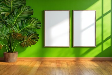 A vibrant interior with a green wall and two empty frames, decorated with a large potted plant casting shadows on the wooden floor. trending mockup design