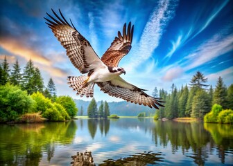 Obraz premium Majestic Osprey in Double Exposure Against a Clear Blue Sky, Capturing the Essence of Freedom and Nature's Beauty in a Stunning Visual Representation