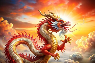 Obraz premium Majestic Red Dragon: A Handcrafted Chinese Symbol of Power, Prosperity, and Good Fortune with Dynamic Stance and Copy Space for Creative Use