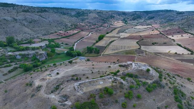 Celtiberian site of Castil de Griegos near Checa. Aerial view from drone. Molina Alto Tajo Geopark. Alto Tajo Natural Park. Guadalajara. Castilla la Mancha. Spain. Europe. Rewilding Europe