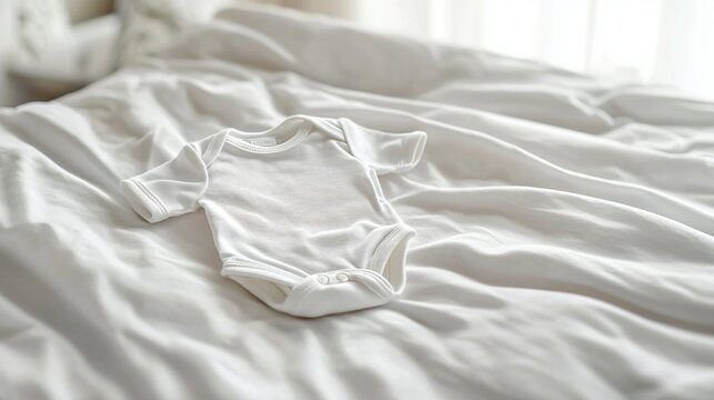 high-resolution photostock of a white baby onesie on a clean bed