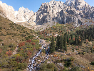 A mountain river, a stream meanders among the slopes of the mountain. Summer landscape, meadow and...