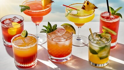A set of summer refreshing cocktails with ice on a light background