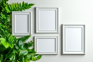 An aesthetic arrangement of four empty white picture frames surrounded by lush green foliage, perfect for showcasing art or photographs. trending mockup design