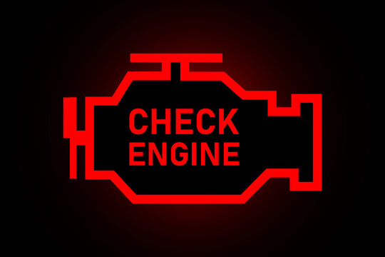 Check engine light , red icon isolated on black background