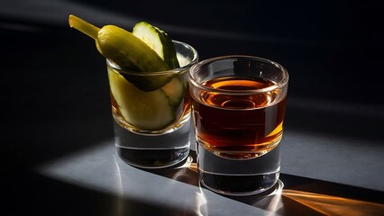 Pickleback alcoholic cocktail made from cucumber pickle and whiskey in small shot glasses hard light and shadows