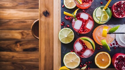 Cocktail with lemon and ice cubes on wooden table in bar
