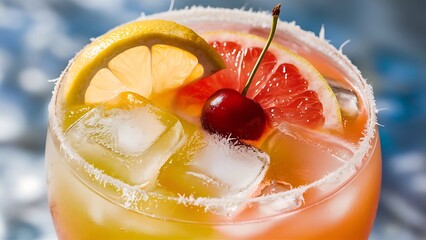 Assorted soda pop glass bottles on a blue background refreshing summer carbonated lemonades
