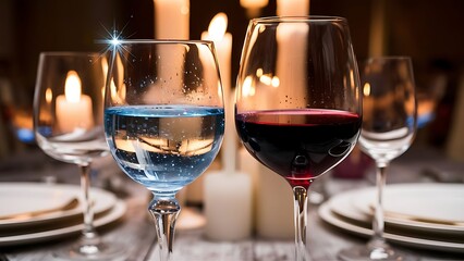Two glasses with blue colored water and red wine