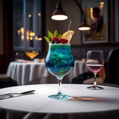 Different alcohol drinks in goblets and wine glasses on wedding buffet table