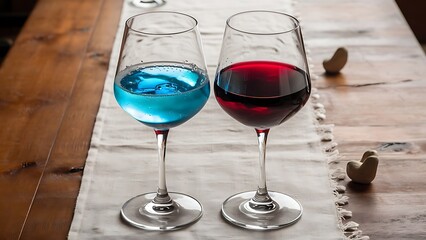 Two glasses with blue colored water and red wine