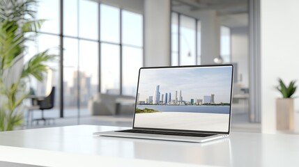 Fototapeta premium Modern laptop on office desk with cityscape view through large windows, showcasing technology.
