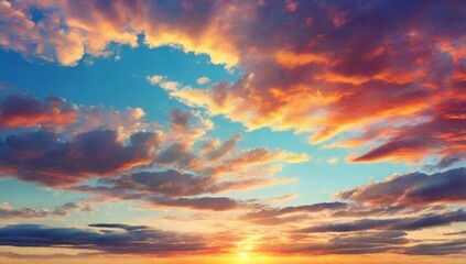 Fototapeta premium Real majestic sunrise sundown sky background with gentle colorful clouds without birds. Panoramic, big size 