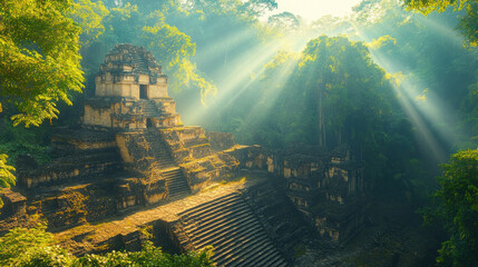 Obraz premium A breathtaking shot of an ancient temple ruins surrounded by dense jungle, with rays of sunlight breaking through