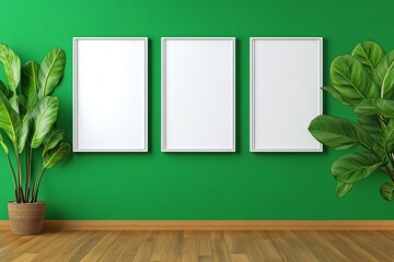 Bright interior featuring three empty white frames against a vibrant green wall, complemented by lush potted plants. trending mockup design