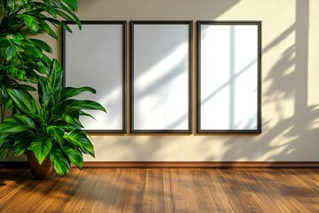 A modern interior featuring three empty picture frames on a light wall, complemented by a large green plant, creating a serene and inviting atmosphere. trending mockup design