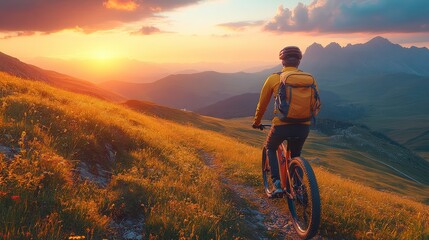 Fototapeta premium Biker Enjoys Scenic View at Sunset in a Mountainous Landscape Surrounded by Vibrant Wildflowers and Rolling Hills