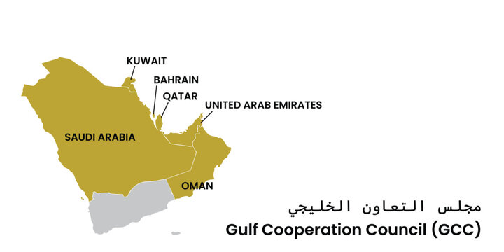 Print Golden Gulf Cooperation Council (GCC) Map Highlighting Saudi Arabia - Middle East Geopolitical Design