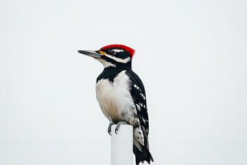 Obraz premium A woodpecker perched on a white rod surrounded by a white minimalistic background