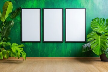 A vibrant green wall with three empty frames creates a fresh and modern décor, complemented by lush indoor plants for a lively atmosphere. trending mockup design
