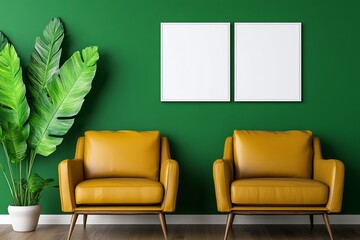 Two stylish yellow armchairs on a wooden floor against a vibrant green wall with two blank frames, complemented by a lush plant. trending mockup design
