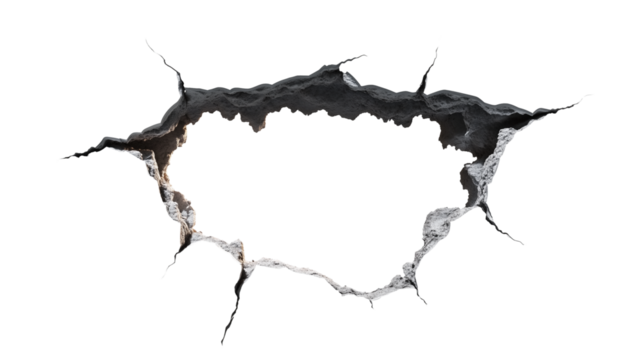 Big crack hole in wall isolated on transparent background