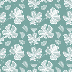 seamless pattern green background with white flowers and flower petals