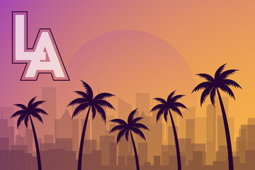 Postcard with landscape of American city of Los Angeles in California. Cityscape with skyscrapers, palm trees and sun. Tourism and vacation. Cartoon flat vector illustration