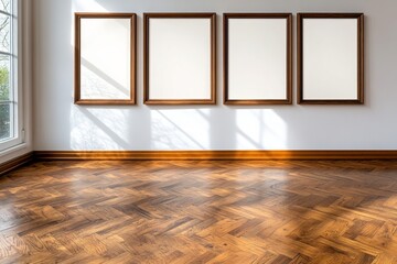 A bright, empty gallery space featuring four elegant frames on a wall and warm wooden herringbone flooring, casting soft shadows with sunlight. trending mockup design