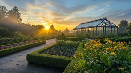 Obraz premium Beautiful garden at sunrise with a greenhouse and vibrant flowers