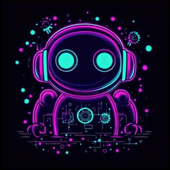Cute, stylized robot illustration with glowing neon colors and futuristic details.