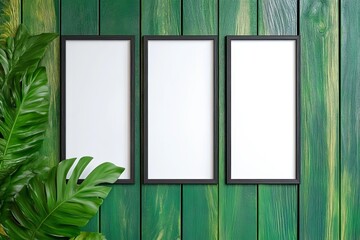 Three empty black photo frames set against a vibrant green wooden wall, complemented by lush tropical leaves for a fresh and modern aesthetic. trending mockup design