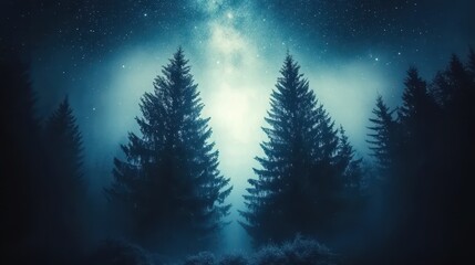 Naklejka premium Mystical forest at night under a starry sky.