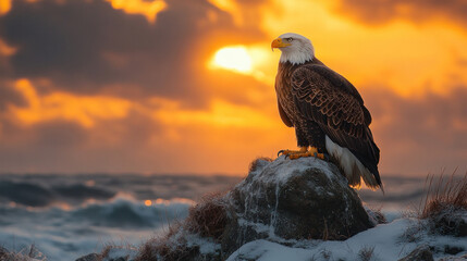 Fototapeta premium A majestic bald eagle perched on a rugged cliff, with waves crashing below and a dramatic sky above