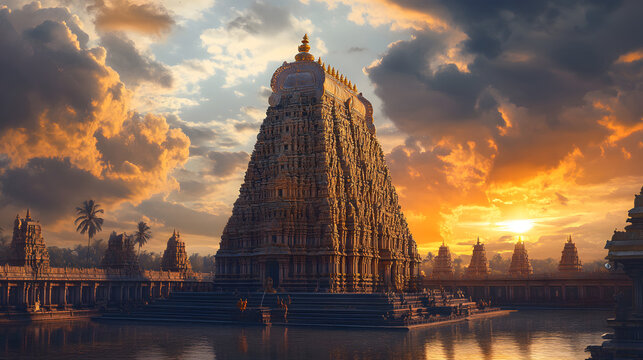 iconic indian hindu tempel tamil nadu day, religious architecture of india, illustration,