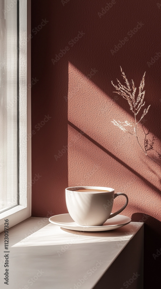 Poster soft golden light bathes a simple cocoa cup, casting gentle shadows and highlighting a delicate plan