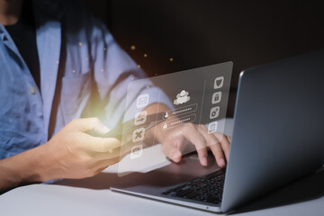 Fototapeta premium Login screen, Cybersecurity and privacy concepts to protect data. Lock icon and internet network security technology. Businessmen protecting personal data on laptops and virtual interfaces.