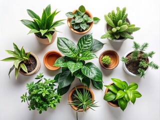 Obraz premium Minimalist Overhead View of Potted Houseplants in Flowerpots, Showcasing Natural Greenery for Home and Office Decoration, Ideal for Interior Design Inspiration and Eco-Friendly Living