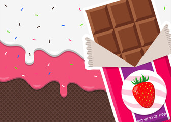 Chocolate with strawberry  Bar of chocolate with strawberry paste filling. Vector illustration of trending
