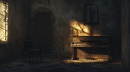 An old, dusty piano set against faded walls in an abandoned building, light creating a peaceful yet eerie scene.