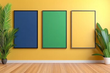 A bright living space featuring three empty framed artworks on a mustard yellow wall, complemented by lush green plants for a fresh ambiance. trending mockup design