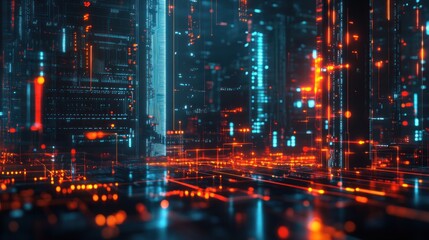 Obraz premium Cyberpunk Cityscape: Neon Lights and Digital Architecture