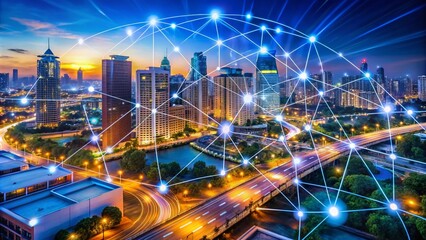 Fototapeta premium Modern City Diorama Featuring Wireless Sensor Network Node with Connecting Lines Illustrating Information Communication Technology and Internet of Things in an Abstract Visual Representation